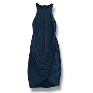 Express Women’s Black Sleeveless Ruched Midi Dress Tulip Hem Bodycon Tank XS